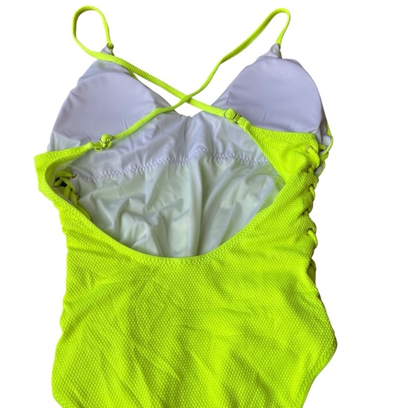 Neon Green One Piece Swimsuit L Lace Up Side Cutout Crisscross Back Bathing Suit - Picture 4 of 7
